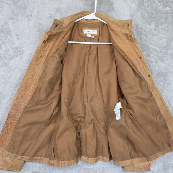 Zara Basic Jacket Womens Small Brown Leather Belted Safari Military Snap Pockets - Picture 4 of 13